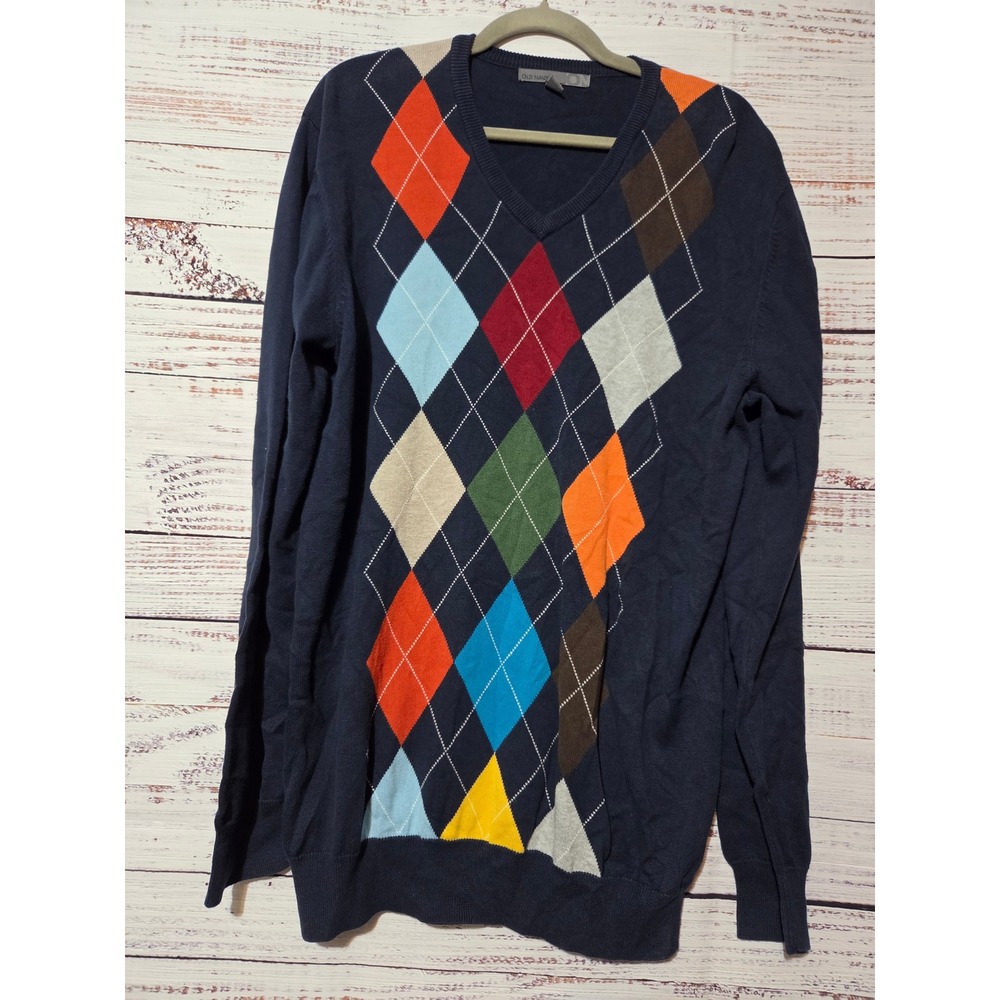 Old Navy Mens Large Navy Blue Multi Color Argyle V-Neck 100% Cotton Sweater